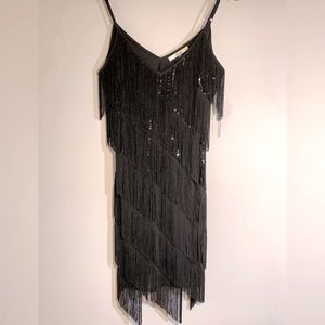 FRINGE! BLACK COCKTAIL DRESS WITH SEQUIN ACCENTS